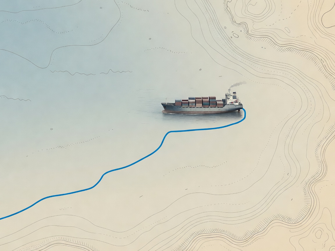 Cargo vessel and illustrative route line crossing an open-water chart-like scene