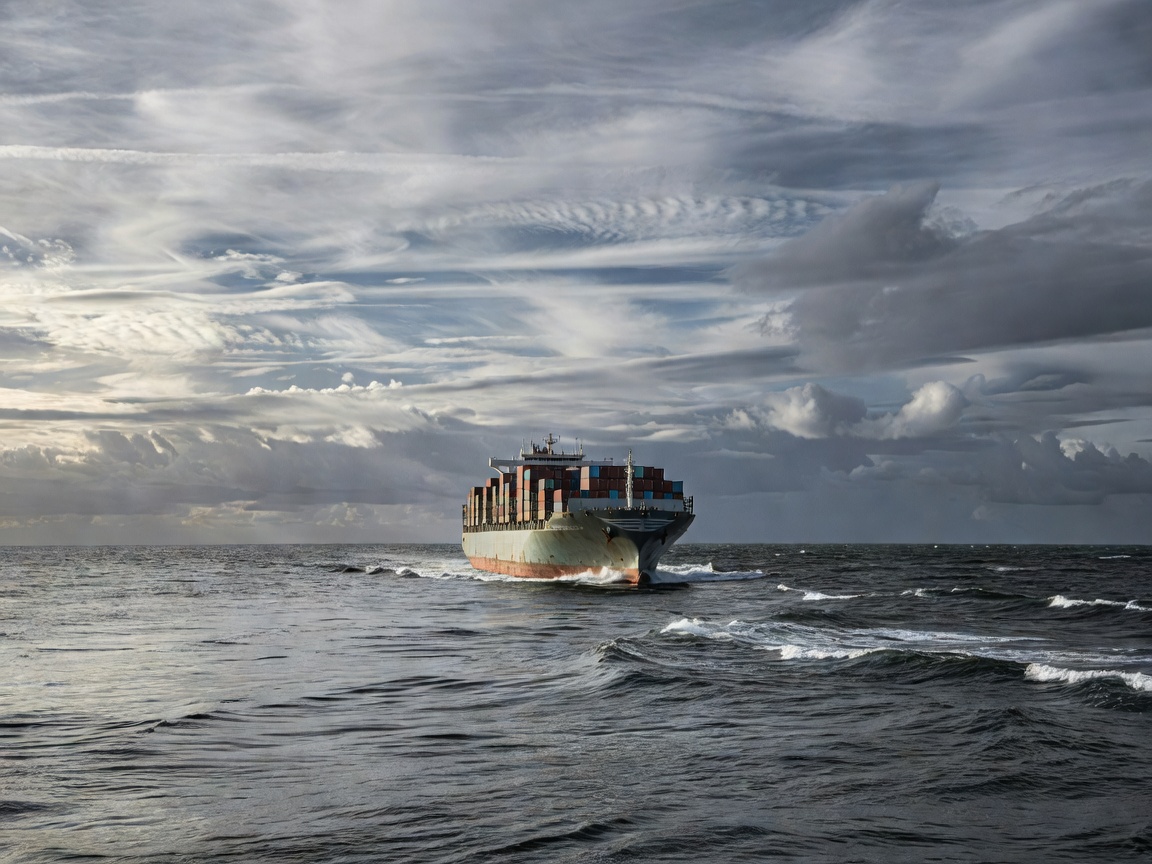 Commercial ship moving through a changing sea beneath layered clouds