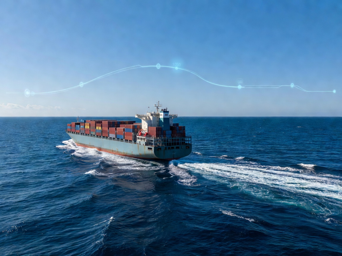 Commercial vessel crossing deep blue water beneath a subtle conceptual navigation route graphic