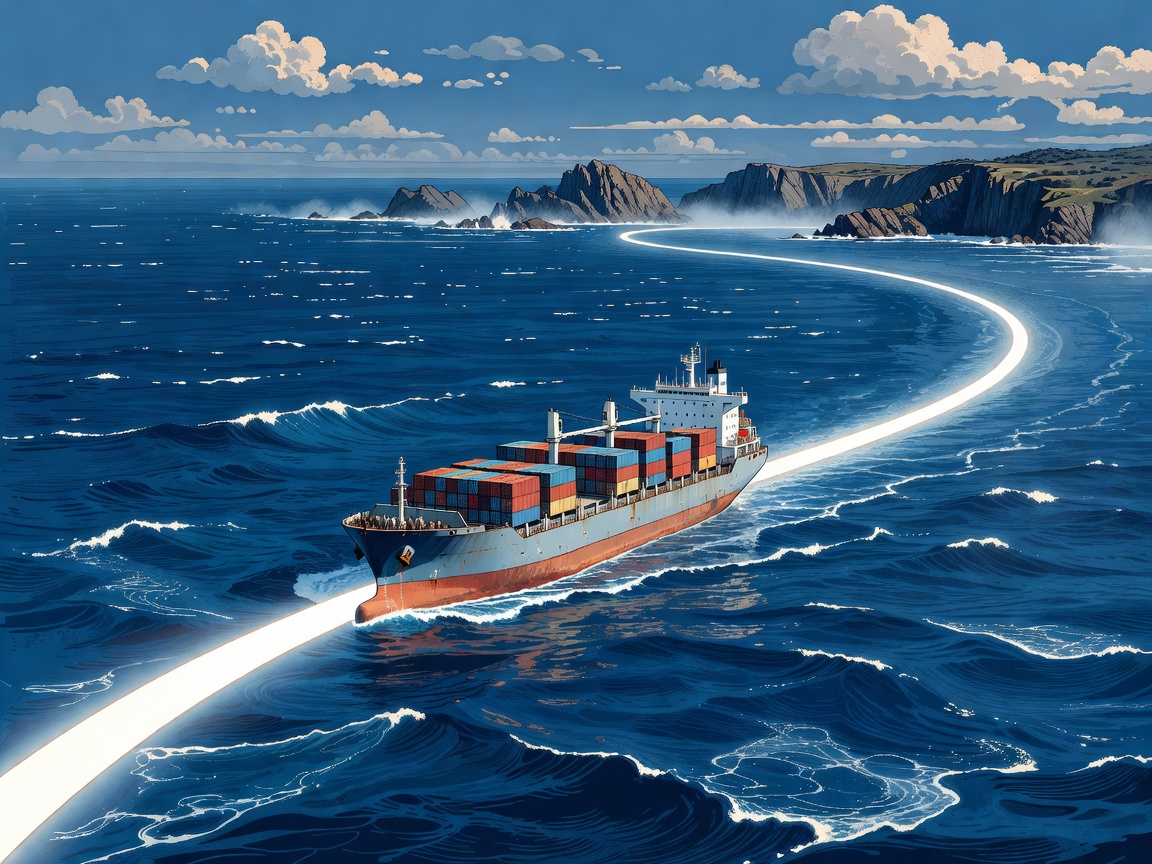 Commercial vessel following an illustrative curved route through a detailed blue maritime environment