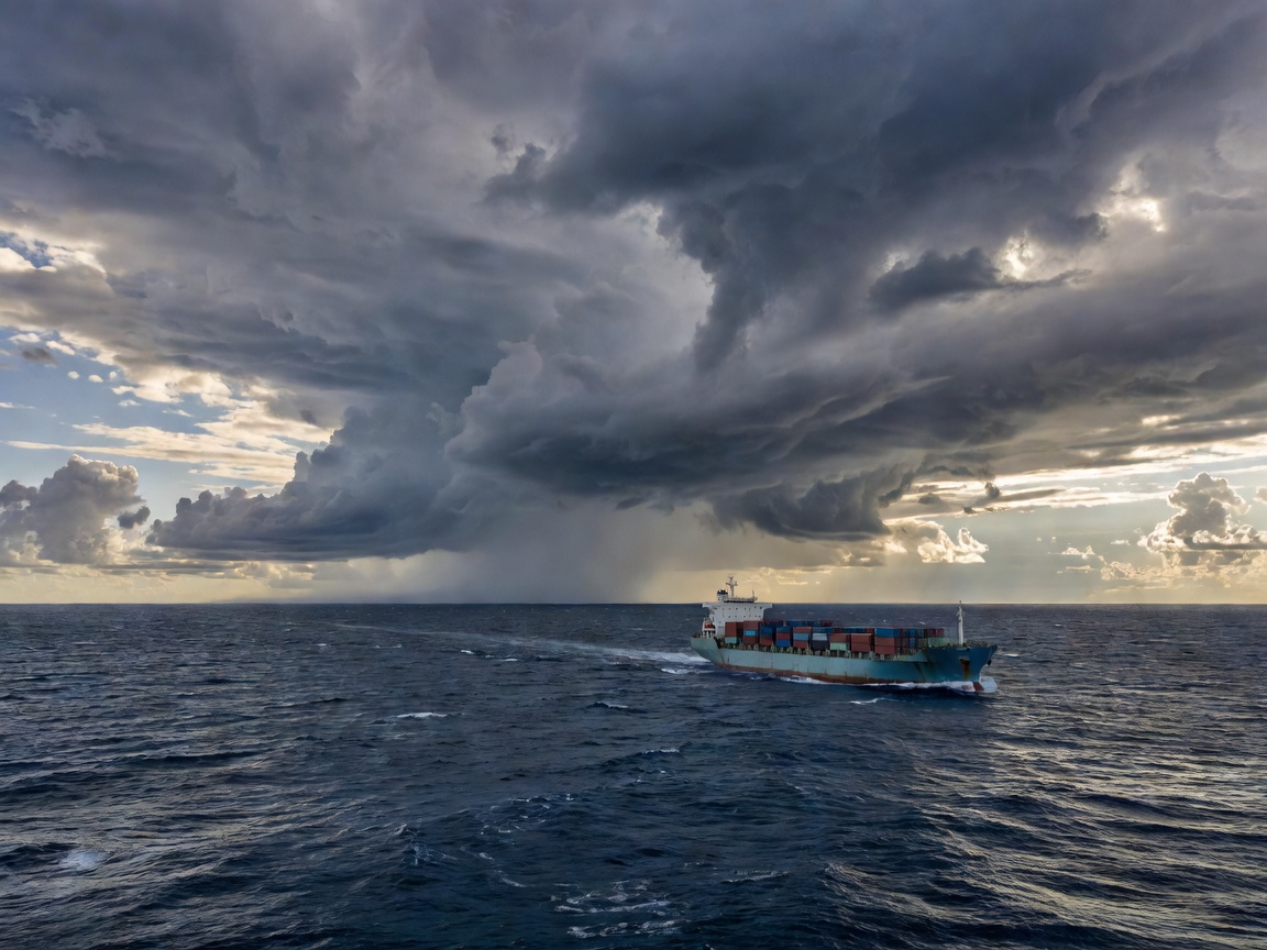Commercial vessel on deep blue water beneath dramatic changing cloud and sea conditions