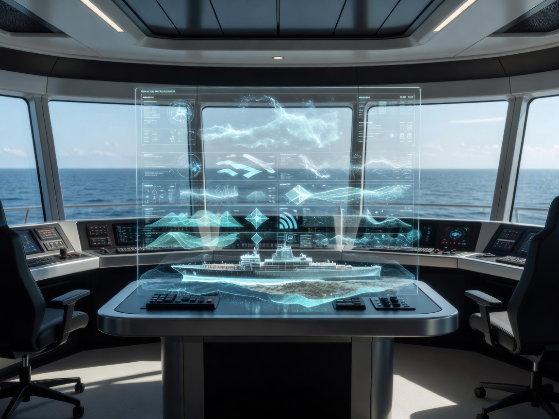 Modern ship bridge overlooking open water with a conceptual layered situational-awareness interface