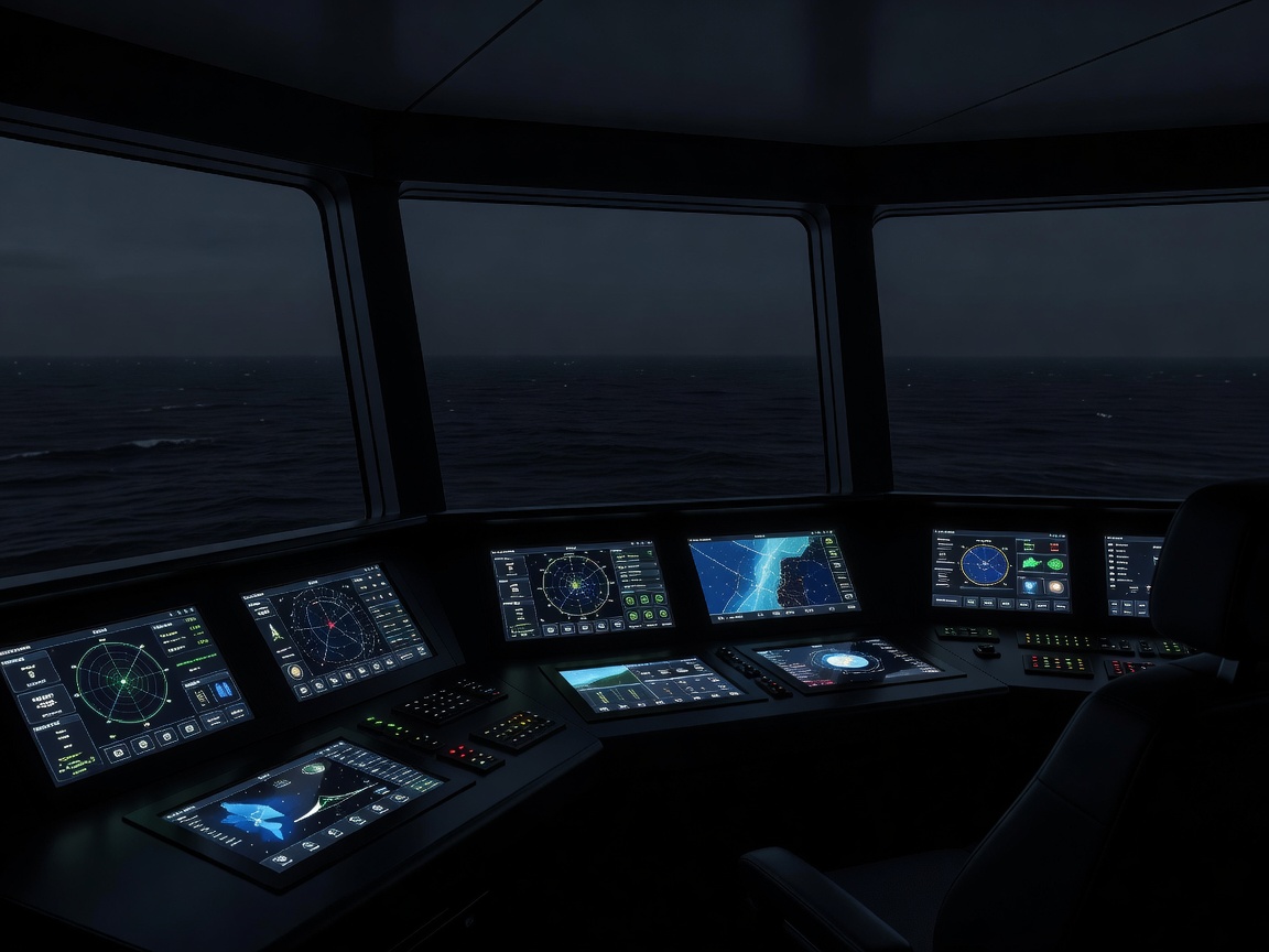 Modern ship bridge with illuminated navigation displays and dark ocean beyond