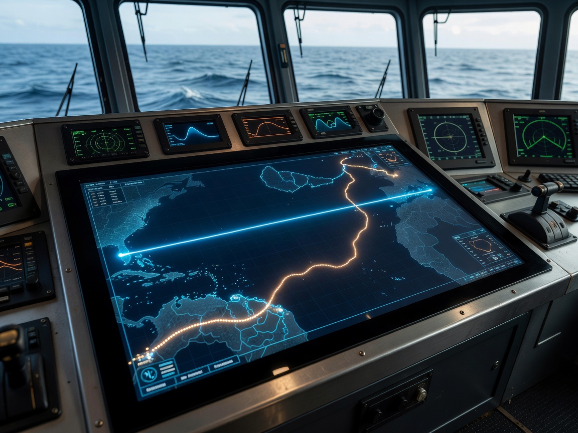 Navigation console on a vessel bridge with a conceptual route comparison display