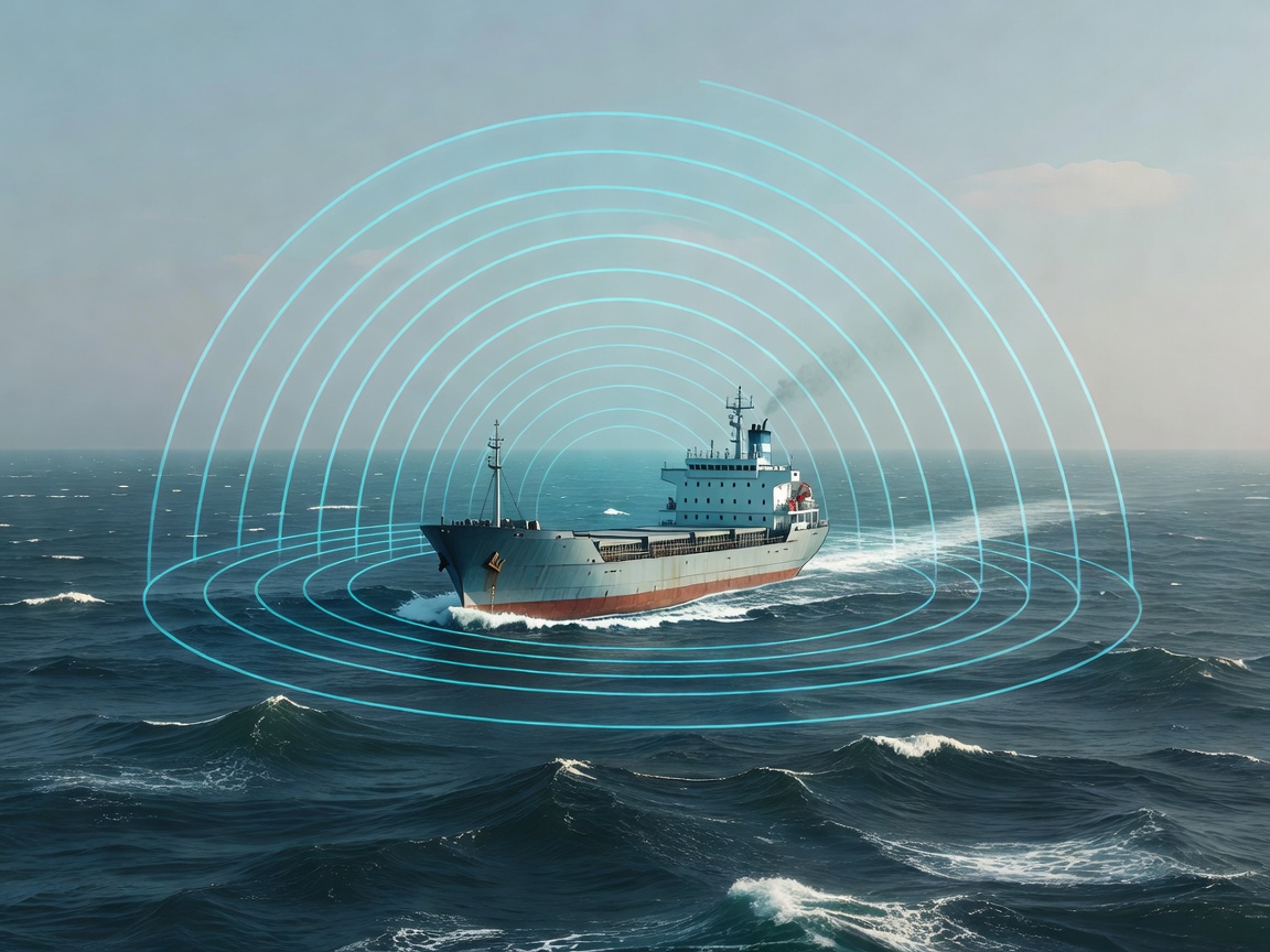 Ship at sea inside a clearly illustrative obstacle-awareness field with restrained cyan arcs