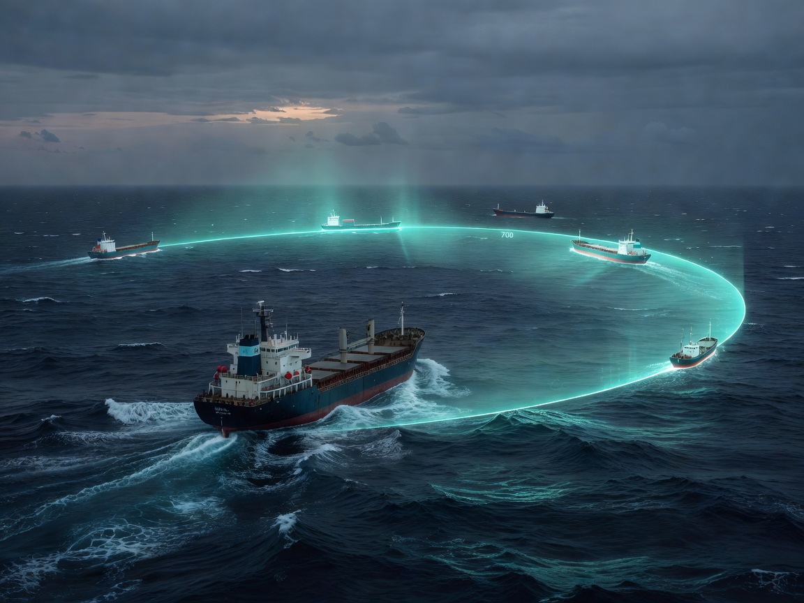 Vessel at sea with a conceptual cyan awareness arc around nearby traffic