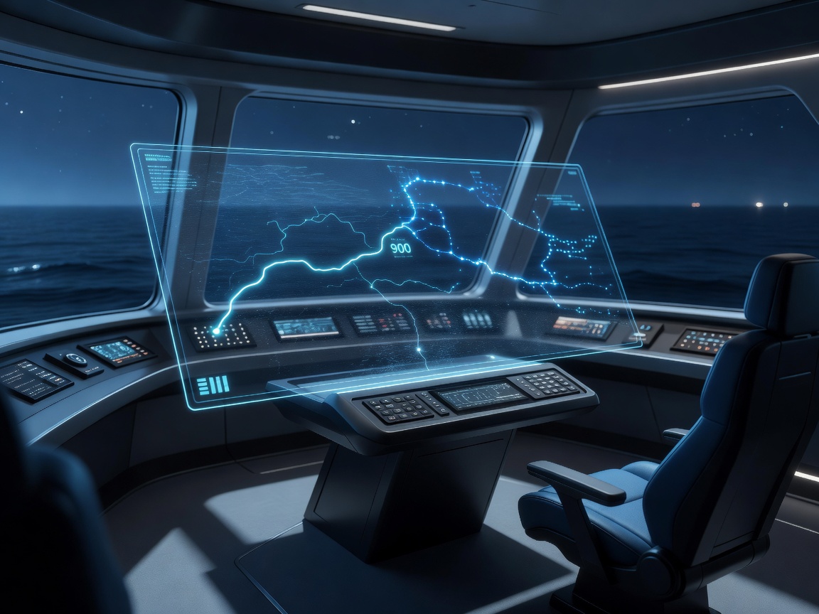 Vessel bridge with a conceptual route comparison interface illuminated in cool blue light
